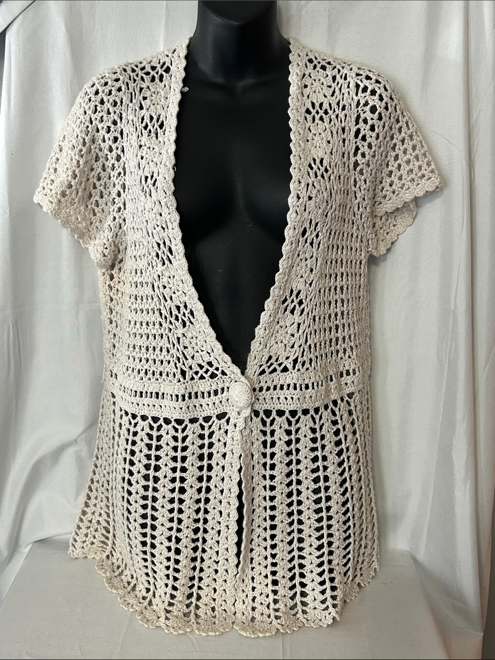 Christopher & Banks Cream Crochet Openwork Short-Sleeve Cardigan Size M